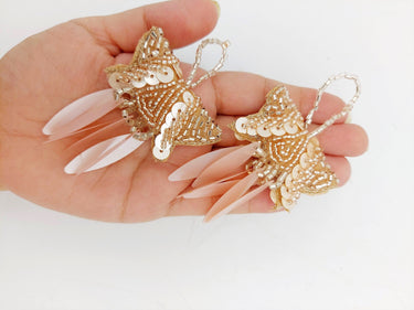 Peach And Gold Handmade Beaded Tassels With Long Sequins, Sequin Latkan, Beaded Latkans